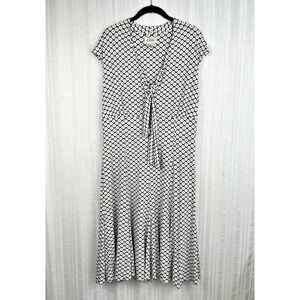 Talbots Cream Black Diamond Print V-Neck Empire Waist Fit & Flare Midi Dress 16